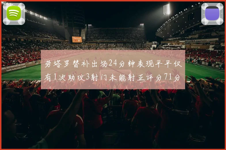 劳塔罗替补出场24分钟表现平平仅有1次助攻3射门未能射正评分71分